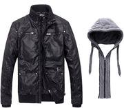 Men'S Causal Stand Collar Leather Jacket with Removable Hood Motorcycle Bomber Jacket Faux Leather Vintage Windproof Coat