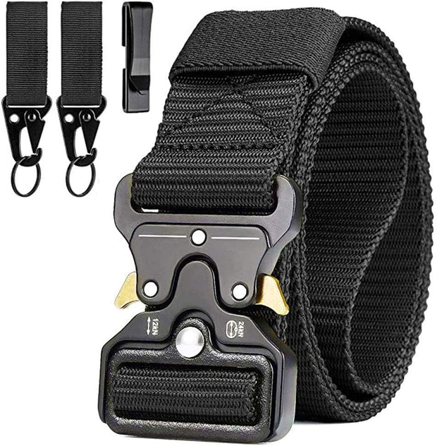 Mens Tactical Belt, Military Style Utility Safety Belts, Heavy Duty Nylon Canvas Waist Belt with 2 Hooks and Quick Release Buckle for Outdoor Sports Camping Hunting