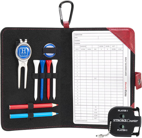 Golf Scorecard Holder N Yardage Book Cover - Divot Repair Tool, Ball Marker, Golf Tees, Scorer, Pencil N Scorecards Included - Gift for Golfers