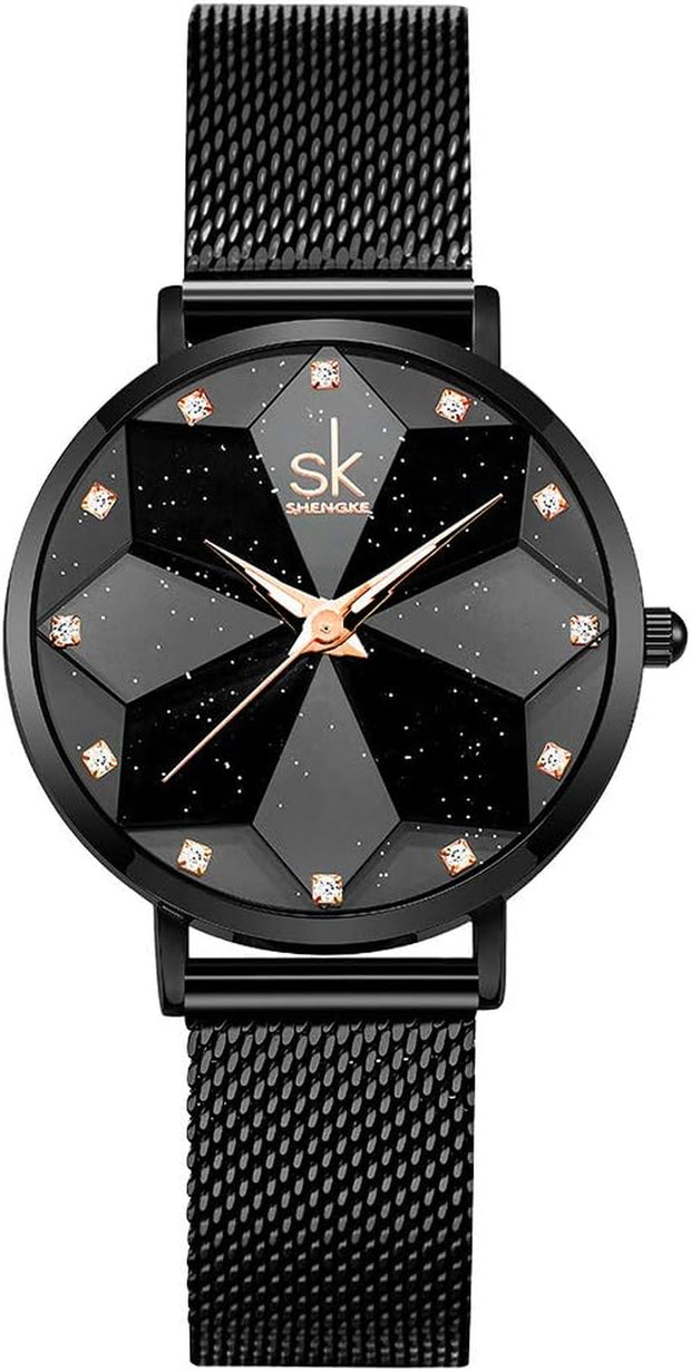 Creative Starry Sky Women Watch with Stainless Steel Mesh Band Genuine Leather Elegant Floral Women Watches