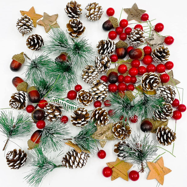 108 Pieces Christmas Wreath Making Decorations Natural Pine Cone Red Holly Berries Pine Needles Branches Fake Acorns DIY Xmas Wreath Making Supplies Christmas Tree Ornament