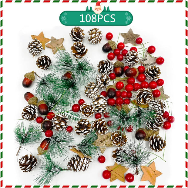 108 Pieces Christmas Wreath Making Decorations Natural Pine Cone Red Holly Berries Pine Needles Branches Fake Acorns DIY Xmas Wreath Making Supplies Christmas Tree Ornament