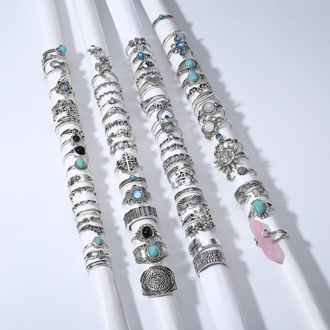 82 Pcs Vintage Silver Knuckle Rings Set for Women Teen Girls Bohemian Stackable Joint Finger Rings Retro Stone Crystal Stacking Midi Rings Pack