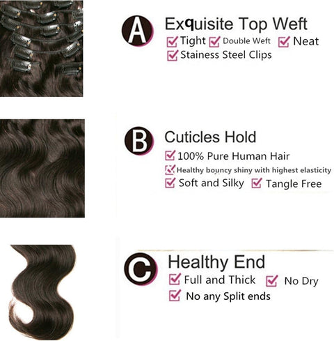 Clip in Human Hair Extensions Full Head 16 Clips 100% Real Remy Human Hair Body Wave Wigs 8A 7 Pcs Wavy Pieces 18 Inch #1B Natural Black 70G