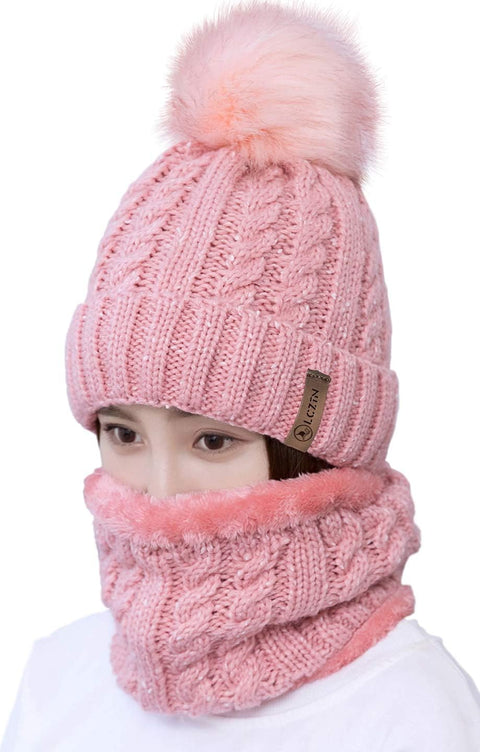 LCZTN Womens Pom Beanie Hat Scarf Set Girls Winter Ski Hat Slouchy Knit Cap with Fleece Lined