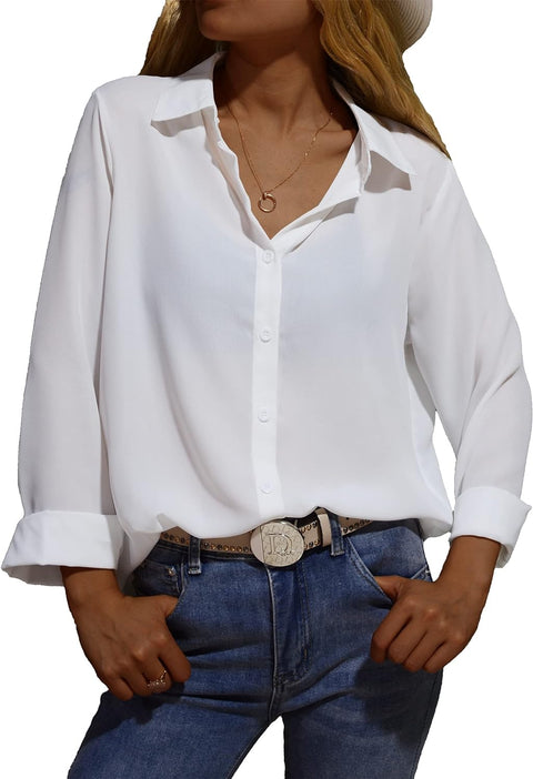 Womens Button down V Neck Shirts Chiffon Long Sleeved Loose Fit Blouse Summer Elegant Tops