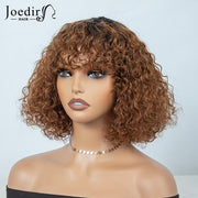 Short Curly Bob Wig with Bangs Human Hair for Black Women Ombre Brown 10 Inch Water Wave Bob Wig 150% Density Glueless Wig (Color: TT1B/30)