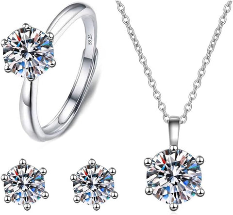 Silver Jewellery Set for Women, 925 Sterling Silver Pendant Necklace Ring and Earrings Set, 3A Cubic Zirconia Crystal Jewelry Set for Wedding Engagement Birthday