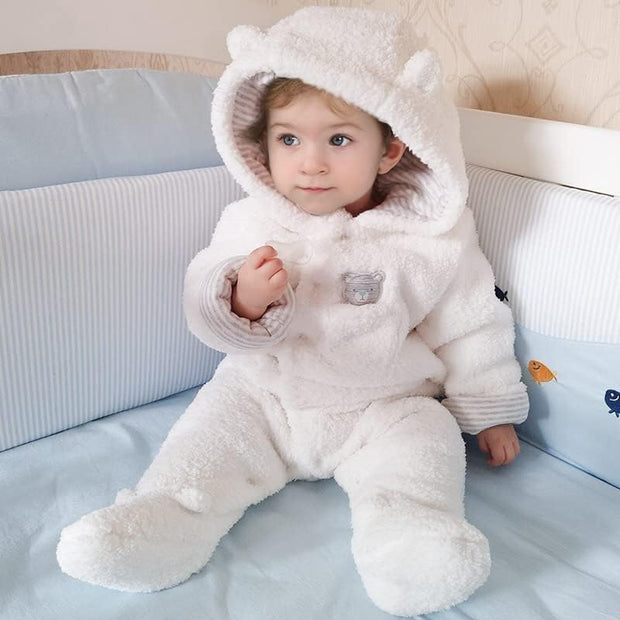 Baby Winter Snowsuit Baby Rompers, Boy and Girl One-Piece Suit with Hood, Toddler Outerwear Snowsuit Set Thick and Warm,White 6-9 Months