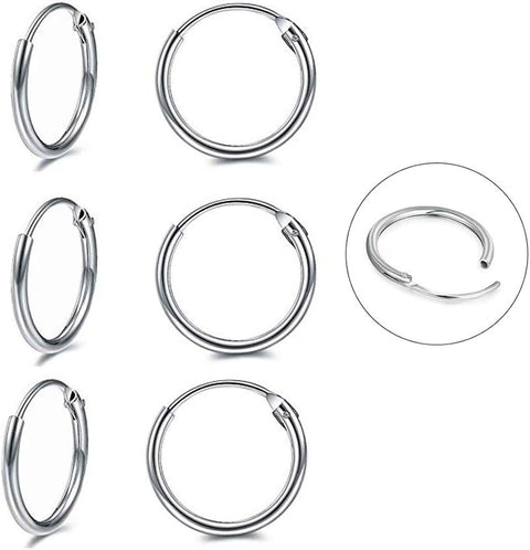 3 Pairs Silver Hoops Earrings for Women S925 Sterling Silver Small Hypoallergenic Earrings Set Cartilage Nose Lip Rings for Men Girls, 8/10/12Mm