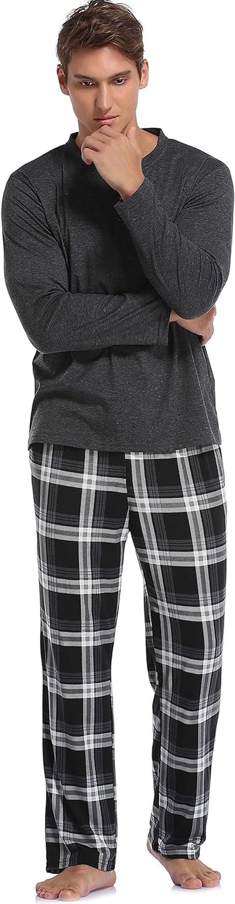 Men'S Pyjama Sets Long-Sleeve Pj'S Set Soft Loungwear Solid Top and Check Pant with Pockets S-XXL