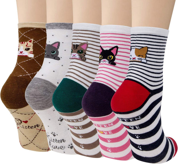 5 Pairs Women Socks Funny Cute Animal Ladies Socks Cat Dog Socks Gifts for Women, One Size