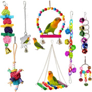 7 Pcs Bird Budgie Toys,  Hanging Bell Pet Bird Cage Hammock Swing Climbing Ladders Toy Wooden Perch Mirror Chewing Toy for Conures, Love Birds, Small Parakeets, Cockatiels, Parrot (Muliti-B)