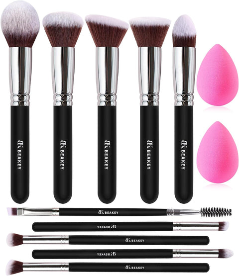 Diversity Make up Brushes 12Pcs Makeup Kit, Premium Synthetic Kabuki Foundation Face Powder Concealers Eyeshadow Blush Brushes Make up Brushes Set, with 2Pcs Blender Sponges (Black/Silver)