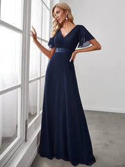 Women'S Double V-Neck Short Flutter Sleeves Empire Waist Elegant Chiffon Long Evening Dresses