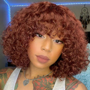 Short Curly Bob Wig with Bangs Human Hair for Black Women Ombre Brown 10 Inch Water Wave Bob Wig 150% Density Glueless Wig (Color: TT1B/30)