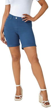 Stretch Shorts for Women UK - Ladies Turned Hem Bengaline Casual Everyday Cropped Pants Chino Capri Slim Fit above the Knee Turn up Bermuda Summer Crops