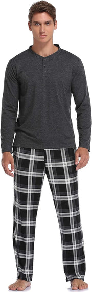 Men'S Pyjama Sets Long-Sleeve Pj'S Set Soft Loungwear Solid Top and Check Pant with Pockets S-XXL