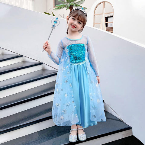 URAQT Elsa Dress, Elsa Princess Costume with Fairy Wand and Crown Tiara, Elsa Anna Dress up for Girls, Deluxe Girls Fancy Dress for Party Cosplay Bridesmaid Pageant