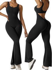 Women Flared Jumpsuit All in One Wide Leg Jumpsuit Backless Playsuits Open Back Square Neck Unitard Bodycon Romper Gym Pants