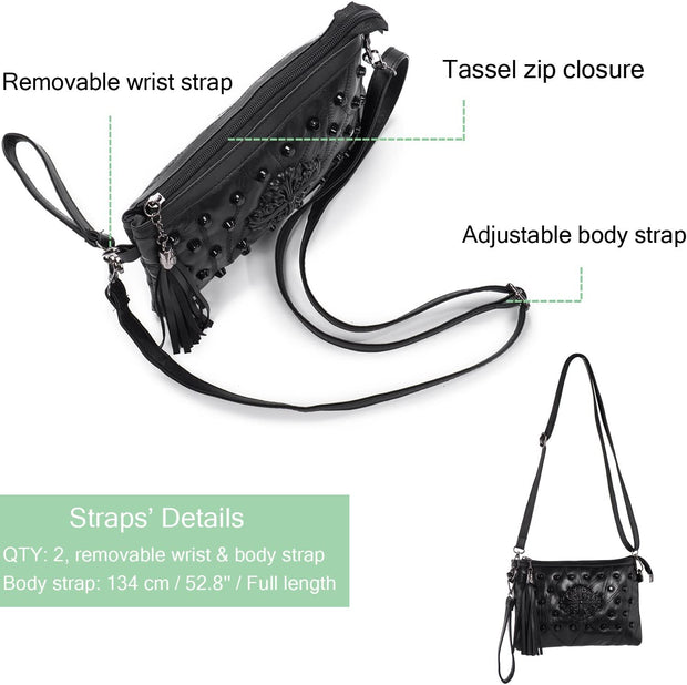 Soft Leather Small Cross Body Bag Shoulder Bag for Women Tassel Rivets Ladies Handbags with Shoulder & Wrist Strap Wristlet Bag Clutch Travel Evening Party Wedding (Black)