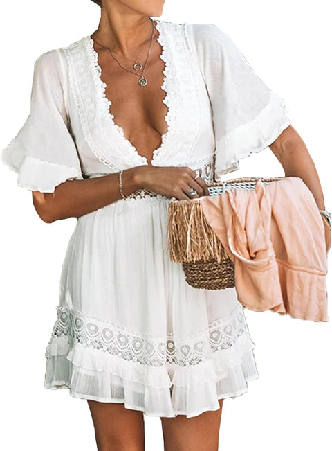 Women Lace Floral Bikini Cover Ups V Neck Hollow Out Swimwear Tunic Beach Dress Summer Beachwear