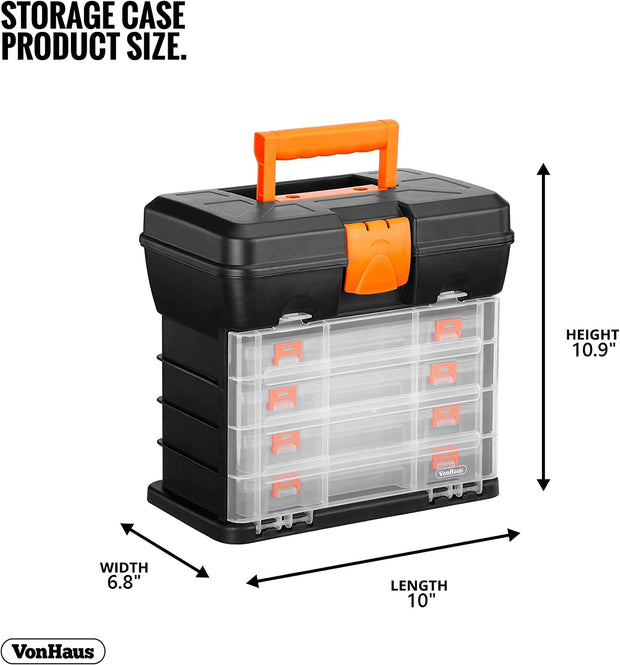 Multi-Purpose Fishing Tackle Storage Box, Crafts or Tool Organizer - 4 Removable Trays & Adjustable Dividers (10.9 X 10.1 X 6.9 Inches - Black/Orange