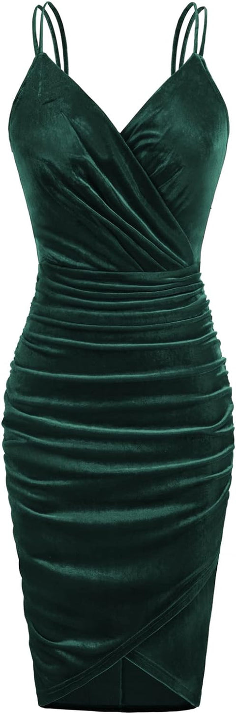 Women Sequined Velvet Spaghetti Dress V-Neck Bodycon Mini Wrapped Dance Party Cami Dress