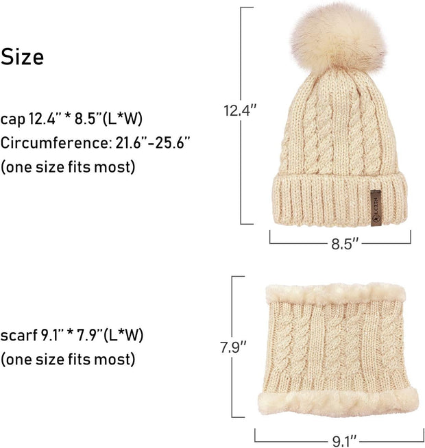 LCZTN Womens Pom Beanie Hat Scarf Set Girls Winter Ski Hat Slouchy Knit Cap with Fleece Lined