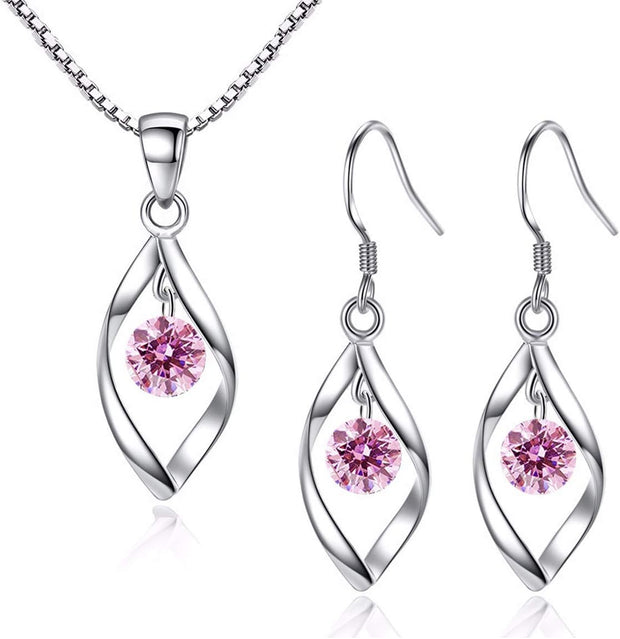 Silver Jewellery Set for Women, 925 Sterling Silver Women'S Jewellery Sets with White/Blue/Pink Zirconia, Hypoallergenic Twist Pendant Necklace & Hook Dangle Earrings Set Gift with Gift Box