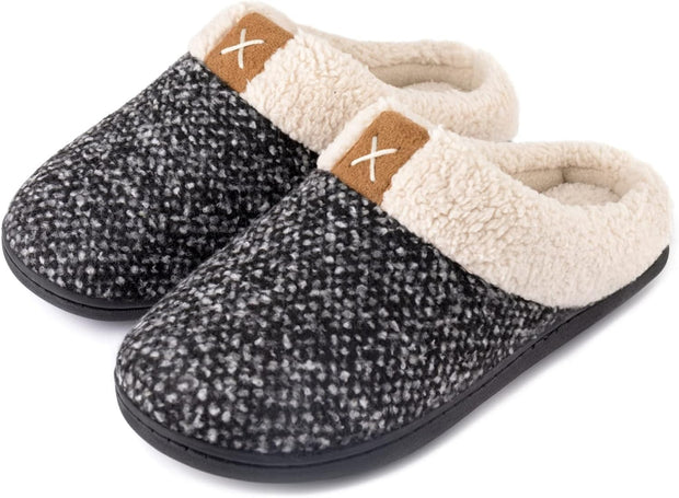 Ladies' Cozy Memory Foam Slippers Fuzzy Wool-Like Plush Fleece Lined House Shoes W/Indoor, Outdoor Anti-Skid Rubber Sole