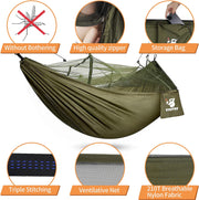 Camping Hammock with Mosquito Net - 210T Quick-Drying Parachute Nylon Lightweight Portable Travel Hammock for Outdoor, Backpacking, Camping, Hiking and Beach Adventure