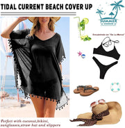 Womens Chiffon Beachwear Tassel Kaftan Beach Dress Loose Bikini Swim Bathing Suit Cover up Black