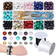 387PCS Lava Stone Beads Kits, 8Mm round Gemstone Beads Box Set with Natural Loose Beads, Alloy Spacer Beads, Roll Crystal Strings and Scissors for Bracelet Necklace Earrings Making