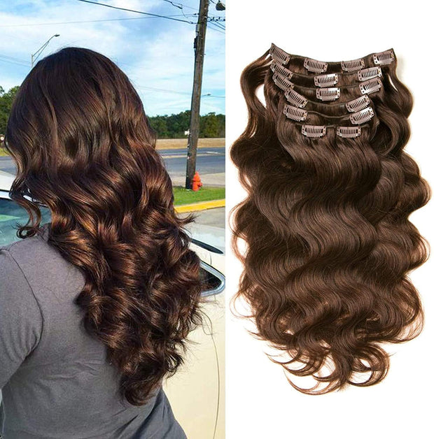 Clip in Human Hair Extensions Full Head 16 Clips 100% Real Remy Human Hair Body Wave Wigs 8A 7 Pcs Wavy Pieces 18 Inch #1B Natural Black 70G