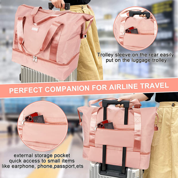 Travel Duffel Bag, 29L Weekend Bag with Trolley Sleeve, Dry & Wet Seperated Sports Gym Bag Waterproof Bag Carry on Bag for Women Men Weekender Tote Bag Hospital Bag Cabin Bag