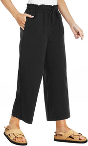 Women'S Summer Comfy Cotton Linen Cropped Trousers Wide Leg Lounge Pants with Pockets