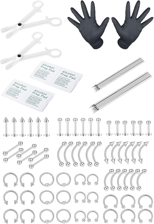 84PCS Professional Piercing Kit Stainless Steel 14G 16G Belly Button Rings Cartilage Piercing Helix Daith Septum Hoop Piercing Kit Tongue Tragus Nipple Lip Piercing Body Jewerly