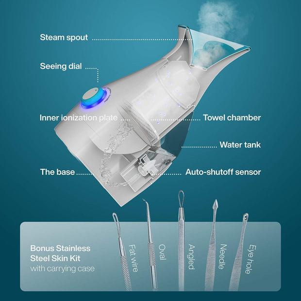 Nanosteamer Large 3-In-1 Nano Ionic Facial Steamer with Precise Temp Control - 30 Min Steam Time - Humidifier - Unclogs Pores - Blackheads - Spa Quality- Bonus 5 Piece Stainless Steel