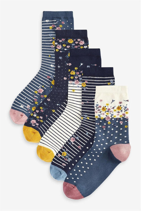 Ladies Ex Store Socks - 10 Pack - Cotton Rich Purista - Assorted Floral Spot Stripe Designs Socks - UK One Size