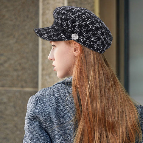 Ladies Houndstooth Cap Women'S Short Brim Visor Beret Fashion Casual Hat Retro British Style Elegant Winter Flat Hats for Women ('6 7/8-7 1/8') Black 1 Piece