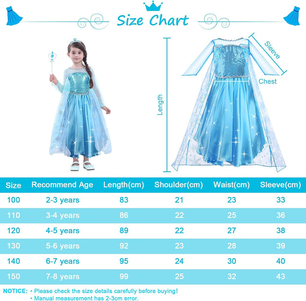 URAQT Elsa Dress, Elsa Princess Costume with Fairy Wand and Crown Tiara, Elsa Anna Dress up for Girls, Deluxe Girls Fancy Dress for Party Cosplay Bridesmaid Pageant