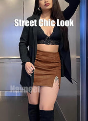 Women Suede Leather Skirt Corduroy a Line Pencil Skirt Sexy Mini Skirt Bodycon Going Out Office Work