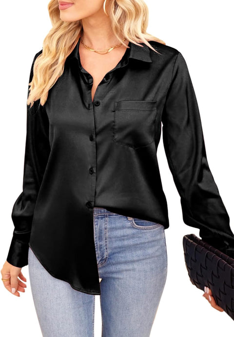 Womens Button down Shirt Satin Silk Long Sleeve Blouse Casual Office Work V Neck Tunic Tops