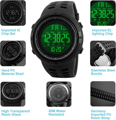 Mens Digital Watch - 50M Waterproof Men Sports Watches, Black Big Face LED Military Wrist Watch with Alarm/Countdown Timer/Dual Time/Stopwatch/12/24H Format for Man