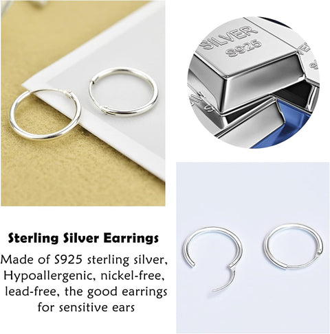 3 Pairs Silver Hoops Earrings for Women S925 Sterling Silver Small Hypoallergenic Earrings Set Cartilage Nose Lip Rings for Men Girls, 8/10/12Mm