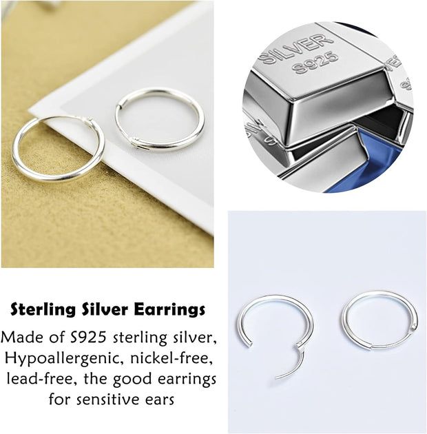 3 Pairs Silver Hoops Earrings for Women S925 Sterling Silver Small Hypoallergenic Earrings Set Cartilage Nose Lip Rings for Men Girls, 8/10/12Mm