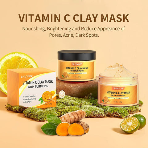 Vitamin C Clay Facial Mask with Kaolin Clay and Turmeric for Dark Spots, Turmeric Skin Care Mask for Controlling Acne, Oil and Refining Pores