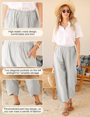 Womens Trousers Casual Wide Leg Capri Pants Cotton Trousers Summer Elastic Waistband with Pockets Lightweight Cropped Trousers