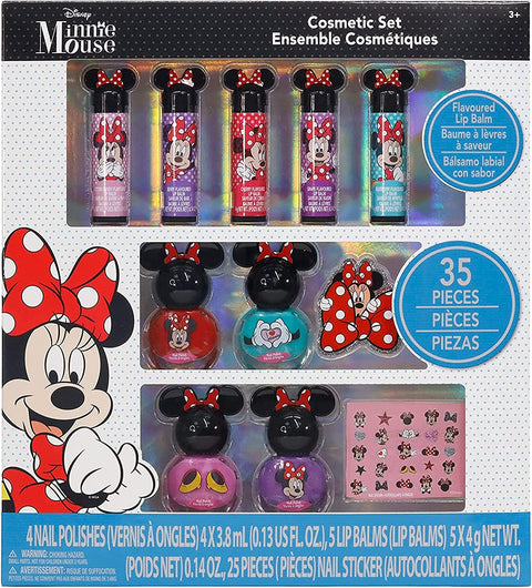 Disney Minnie Mouse -  Sparkly Cosmetic Makeup Set with Lip Balm Nail Accessories -35 Pcs|Perfect for Parties Sleepovers Makeovers|Birthday Gift for Girls above 3 Yrs